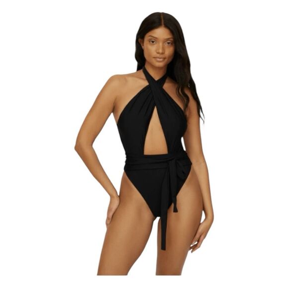 Pq Swim Alex One-Piece Swimsuit Midnight Black Cutout Wrap Halter M - Picture 1 of 8